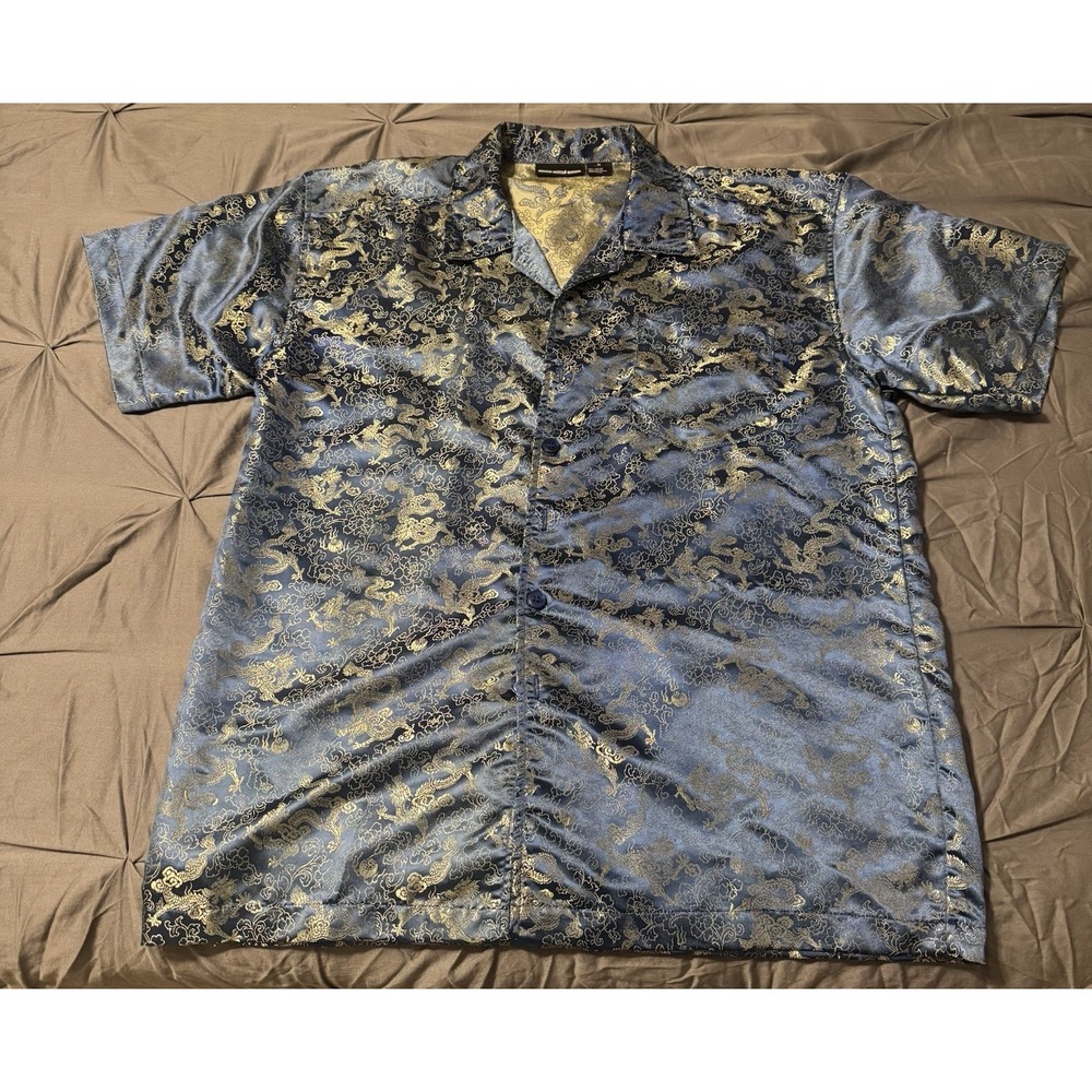 Vintage VTG ODO Y2K Blue Gold Holographic Dragon Button Shirt Medium Fun Wacky